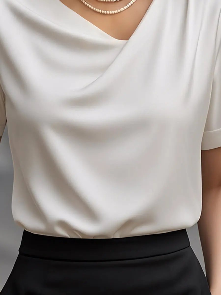 Elegant Plain Draped Neck Short-Sleeve - Blouse CAAYWORLD
