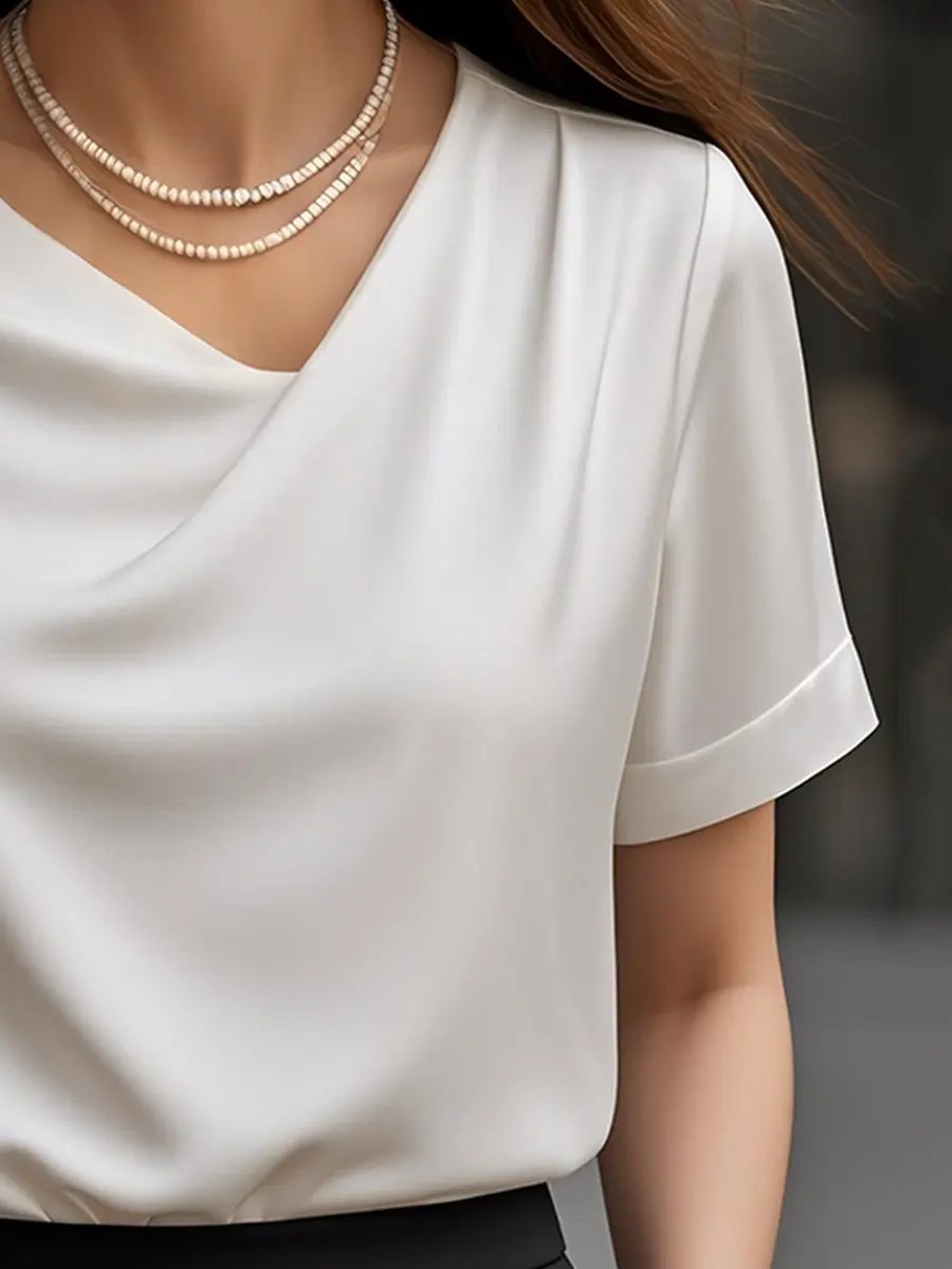 Elegant Plain Draped Neck Short-Sleeve - Blouse CAAYWORLD