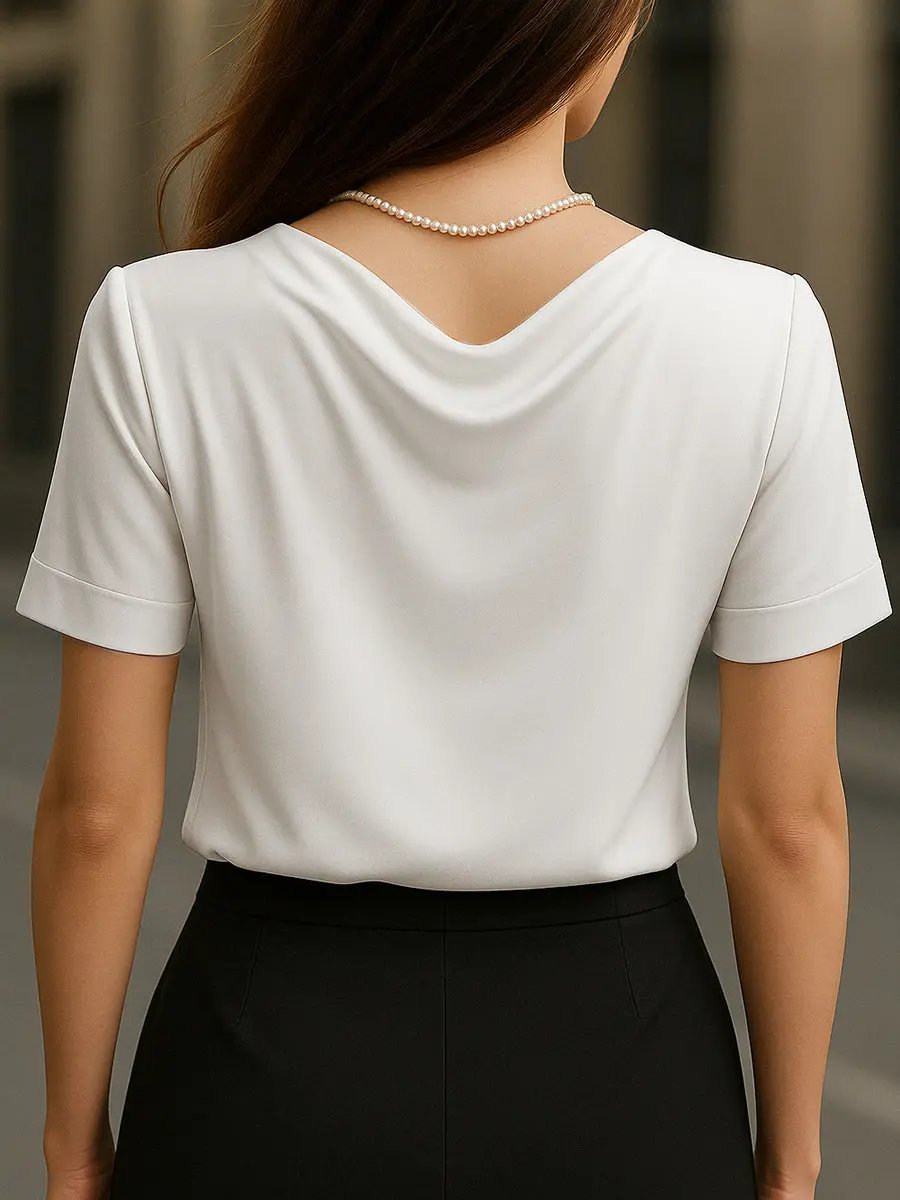 Elegant Plain Draped Neck Short-Sleeve - Blouse CAAYWORLD