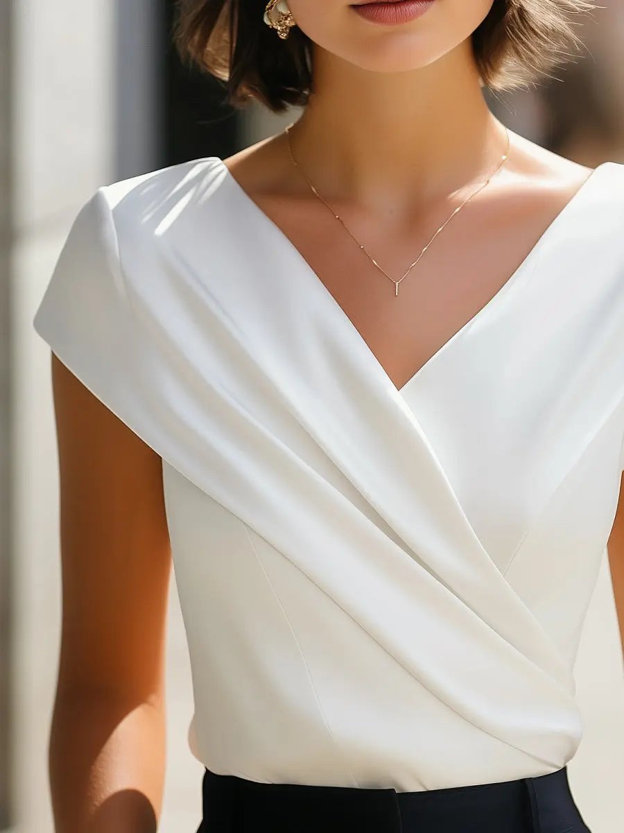 Elegant Pleated V-Neck Sleeveless Top - Blouse CAAYWORLD