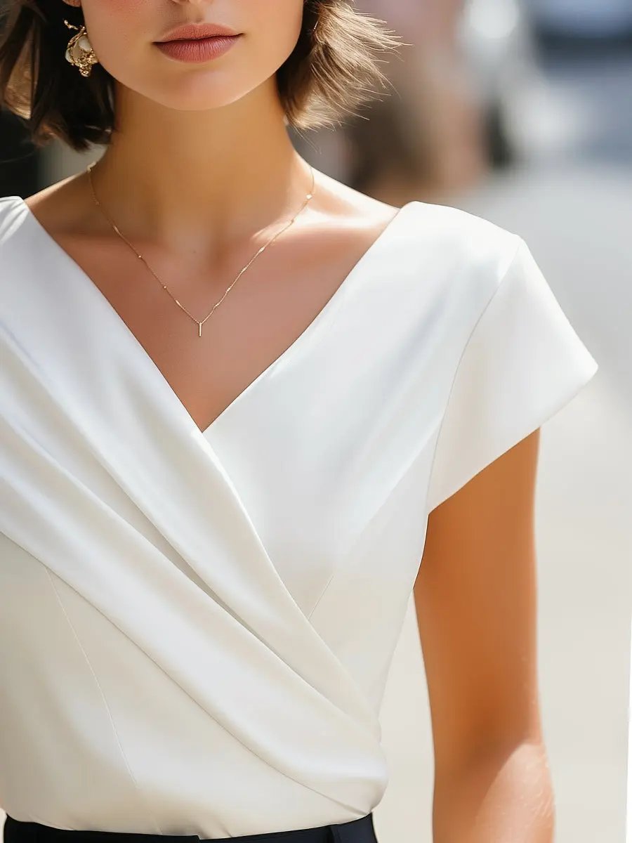 Elegant Pleated V-Neck Sleeveless Top - Blouse CAAYWORLD