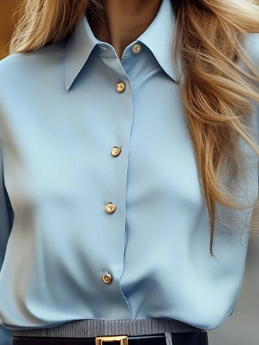 Elegant Powder Blue Shirt with Gold Buttons - Button-Up Shirt CAAYWORLD