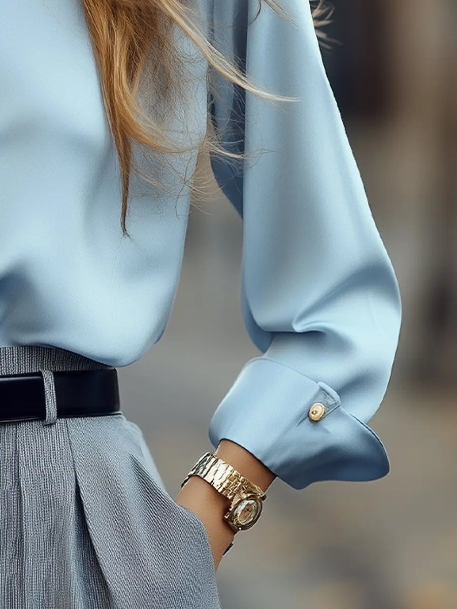 Elegant Powder Blue Shirt with Gold Buttons - Button-Up Shirt CAAYWORLD