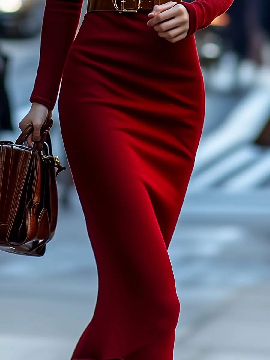 Elegant Red Ribbed Turtleneck Knit - Midi Dress CAAYWORLD