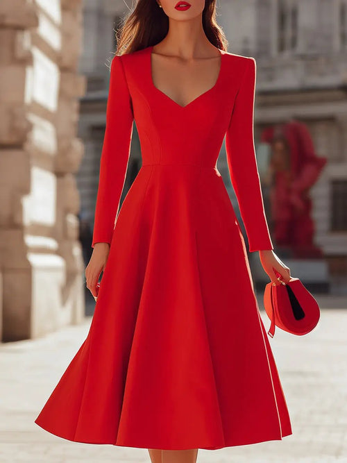 Elegant Red V-Neck Fit-and-Flare - Midi Dress CAAYWORLD
