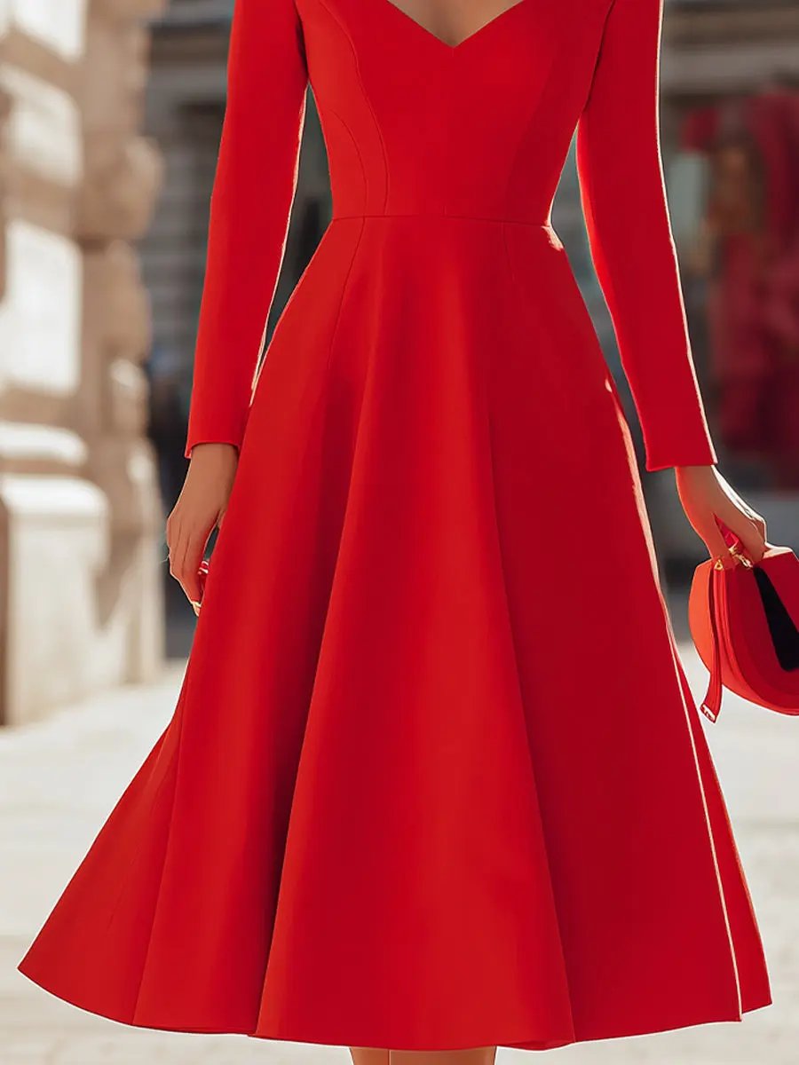 Elegant Red V-Neck Fit-and-Flare - Midi Dress CAAYWORLD