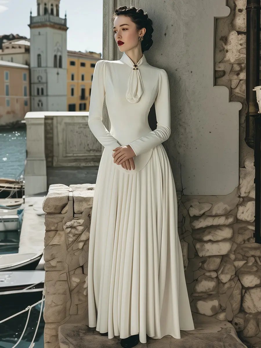 Elegant Scarf-Tie Collar Plain Maxi - Maxi Dress CAAYWORLD