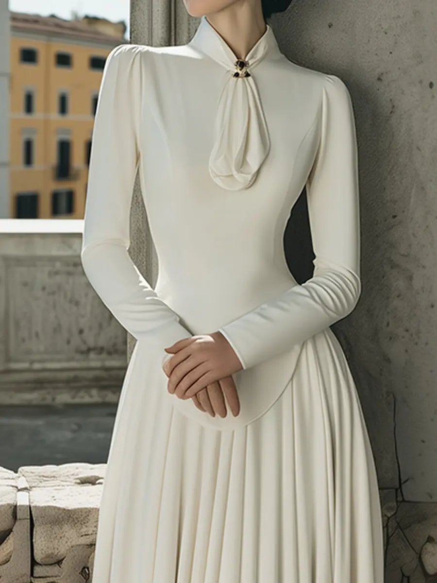 Elegant Scarf-Tie Collar Plain Maxi - Maxi Dress CAAYWORLD