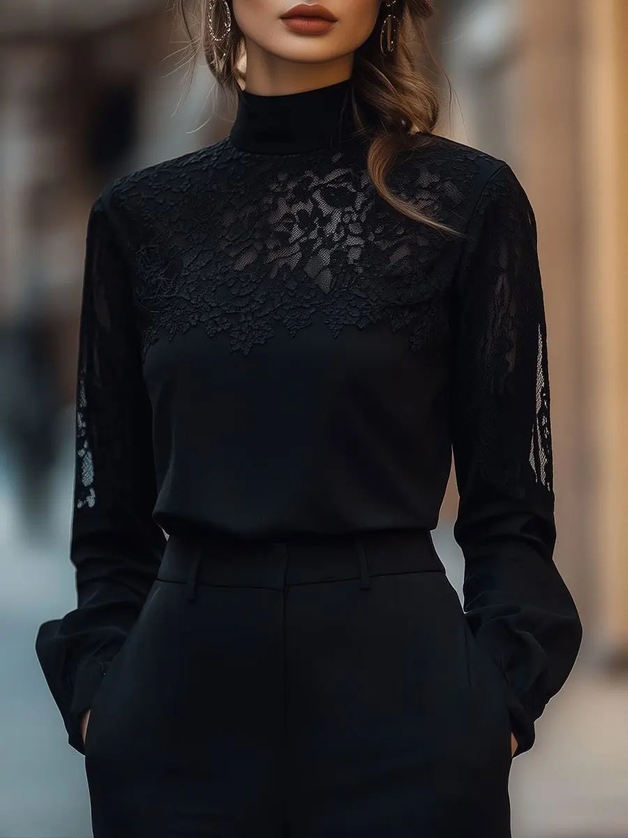 Elegant Sheer Lace Panel Long Sleeve - Blouse CAAYWORLD