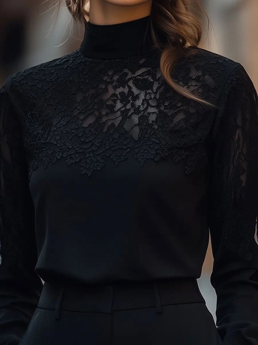 Elegant Sheer Lace Panel Long Sleeve - Blouse CAAYWORLD