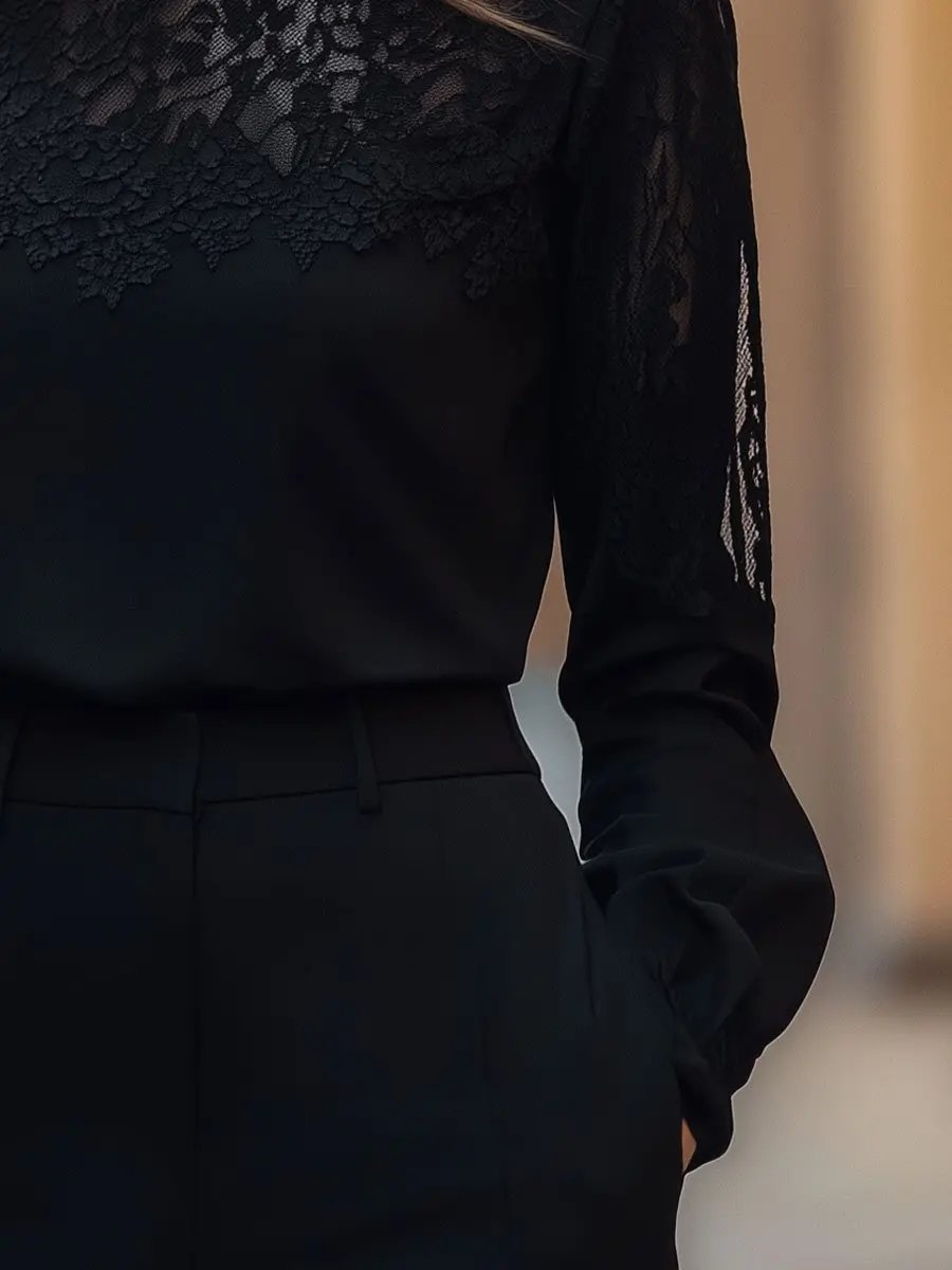 Elegant Sheer Lace Panel Long Sleeve - Blouse CAAYWORLD