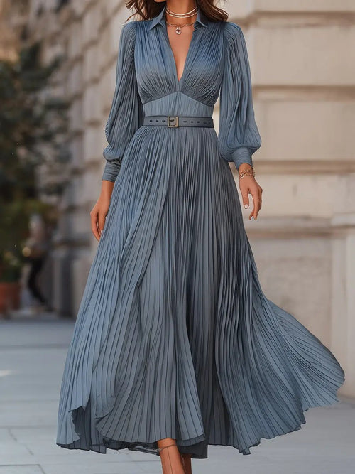 Elegant Steel Blue Pleated A-Line - Midi Dress CAAYWORLD