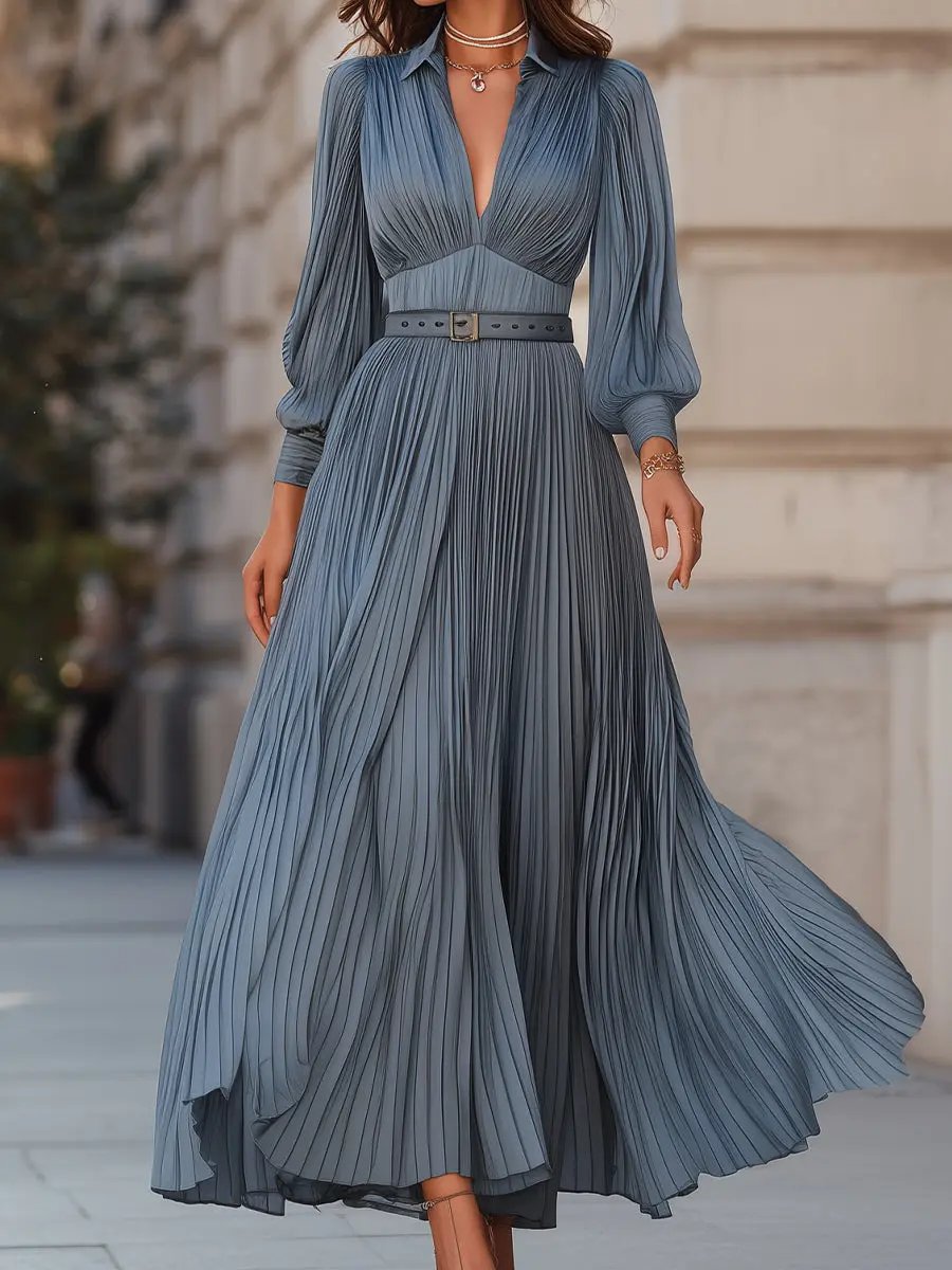 Elegant Steel Blue Pleated A-Line - Midi Dress CAAYWORLD