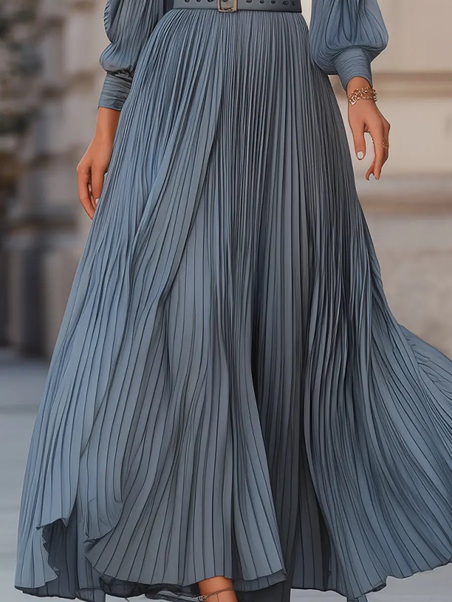 Elegant Steel Blue Pleated A-Line - Midi Dress CAAYWORLD