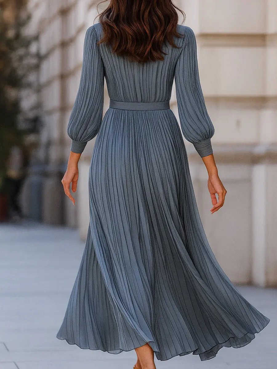 Elegant Steel Blue Pleated A-Line - Midi Dress CAAYWORLD