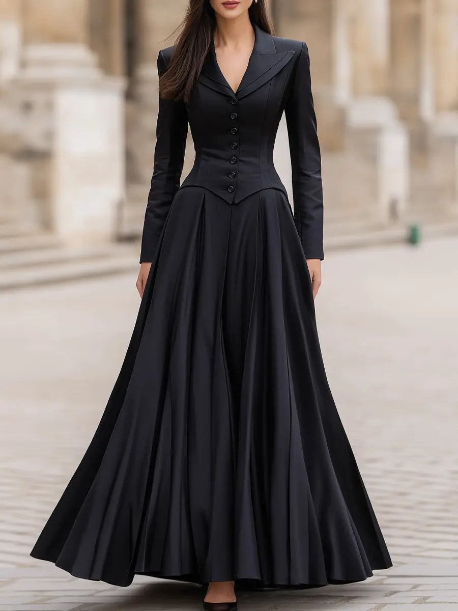 Elegant Tailored Waist Long-Sleeve Fitted Silhouette - Maxi Dress CAAYWORLD