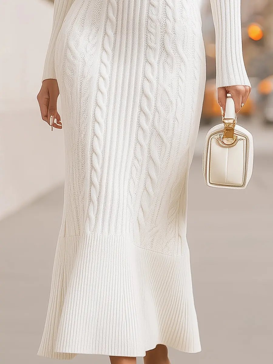 Elegant White Cable-Knit Sweater Style - Midi Dress CAAYWORLD