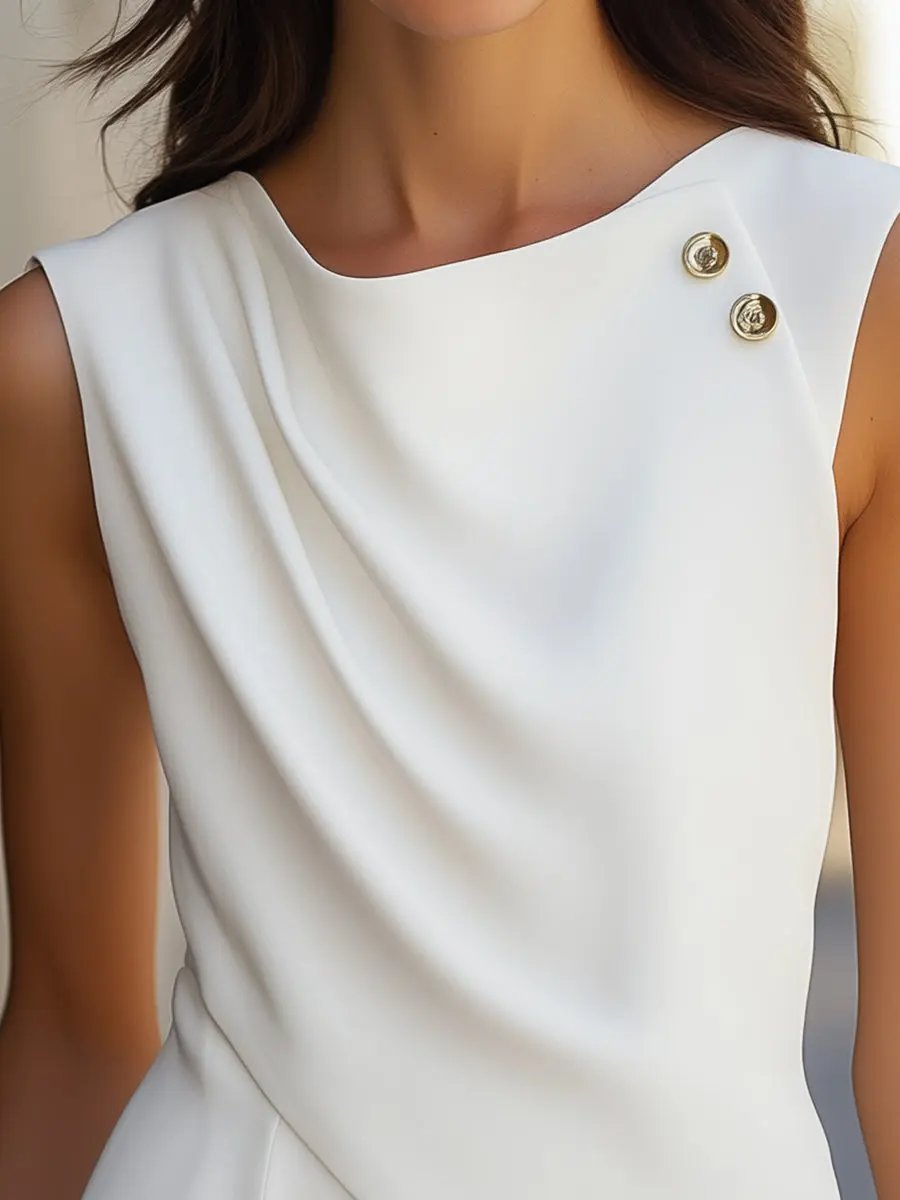Elegant White Draped Button-Detail - Blouse CAAYWORLD