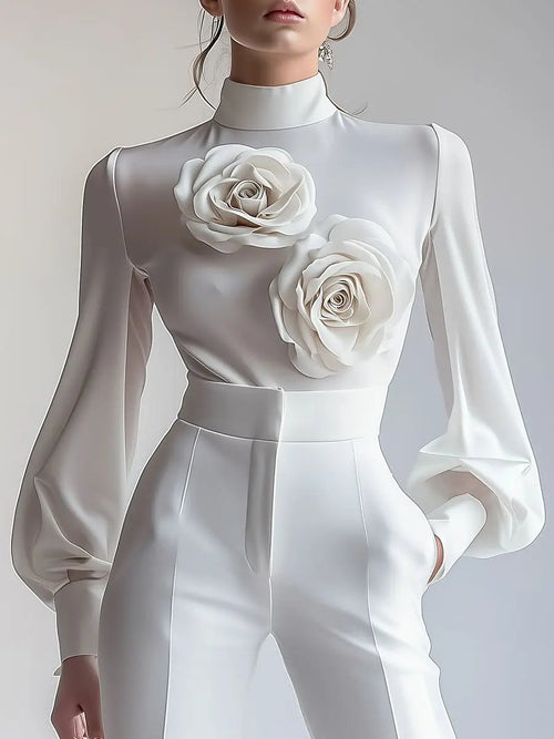 Elegant White High-Neck 3D Floral Detail - Blouse CAAYWORLD