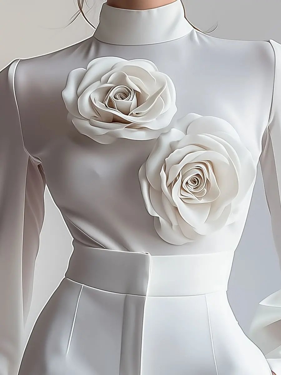 Elegant White High-Neck 3D Floral Detail - Blouse CAAYWORLD