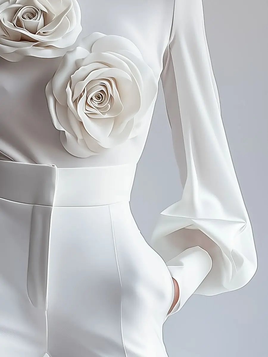 Elegant White High-Neck 3D Floral Detail - Blouse CAAYWORLD