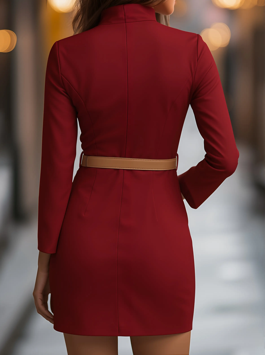 Elegant White Mandarin Collar Belted - Midi Dress CAAYWORLD