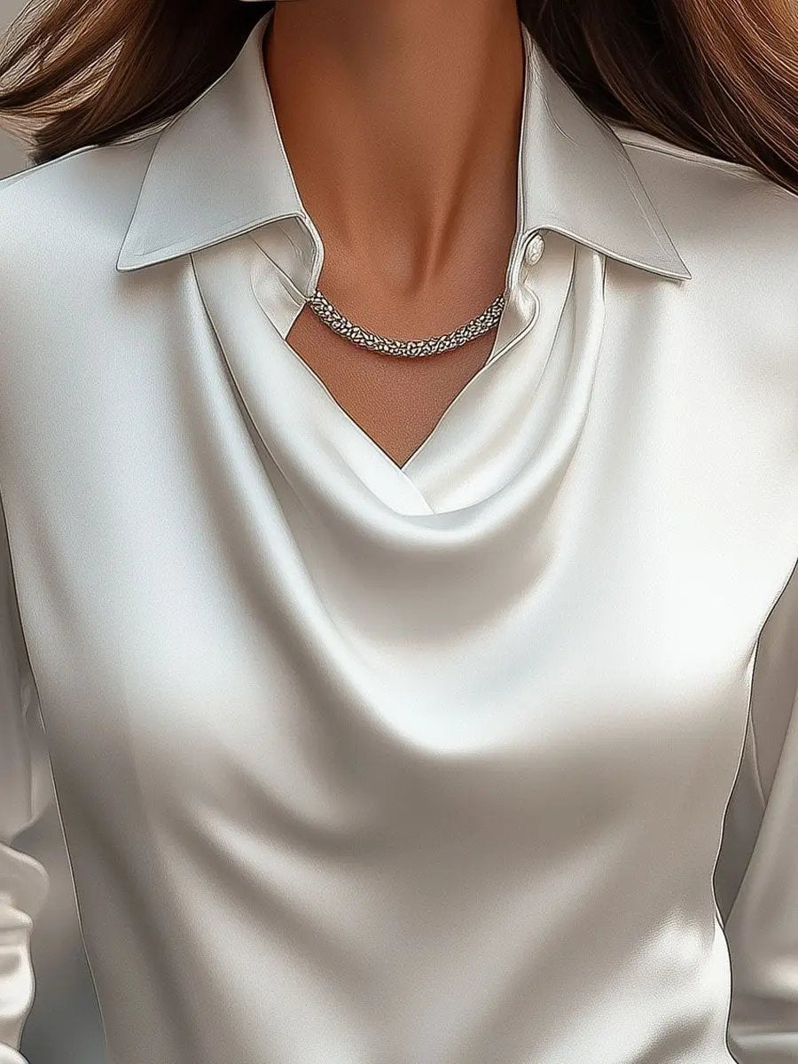 Elegant White Satin Draped Neckline - Women's Blouse CAAYWORLD