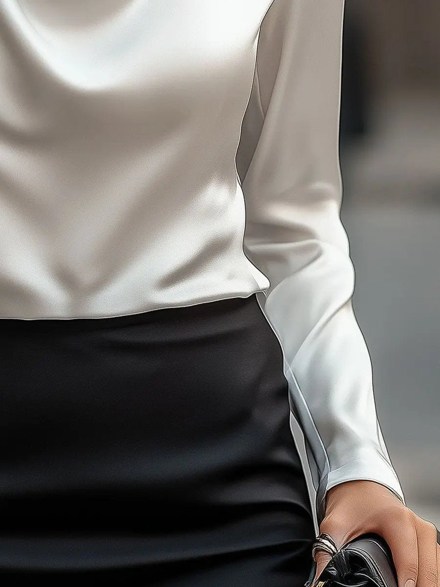 Elegant White Satin Draped Neckline - Women's Blouse CAAYWORLD