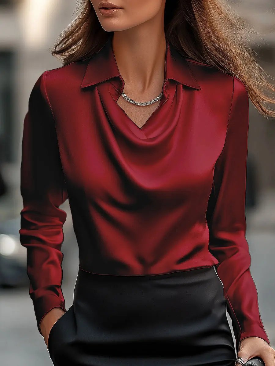 Elegant White Satin Draped Neckline - Women's Blouse CAAYWORLD