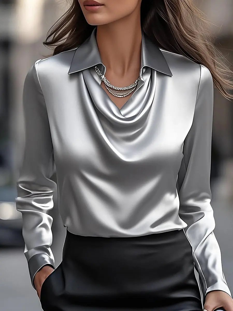 Elegant White Satin Draped Neckline - Women's Blouse CAAYWORLD