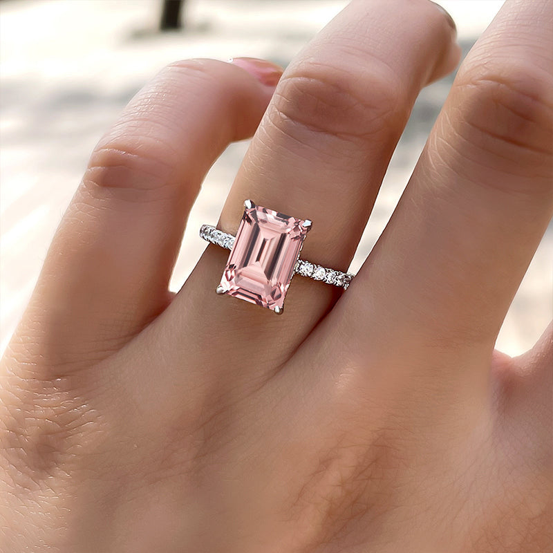 Hidden Halo Emerald Cut Morganite Pink Engagement Ring In Sterling Silver Shineofdiamond