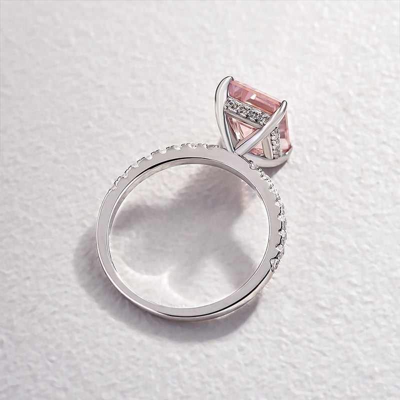 Hidden Halo Emerald Cut Morganite Pink Engagement Ring In Sterling Silver Shineofdiamond