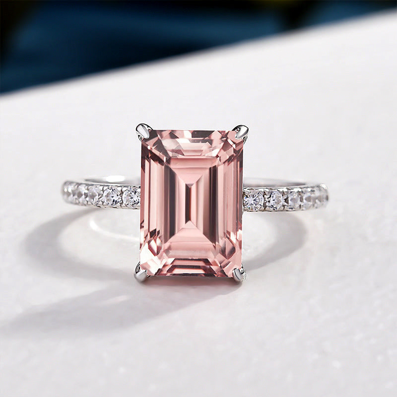 Hidden Halo Emerald Cut Morganite Pink Engagement Ring In Sterling Silver Shineofdiamond