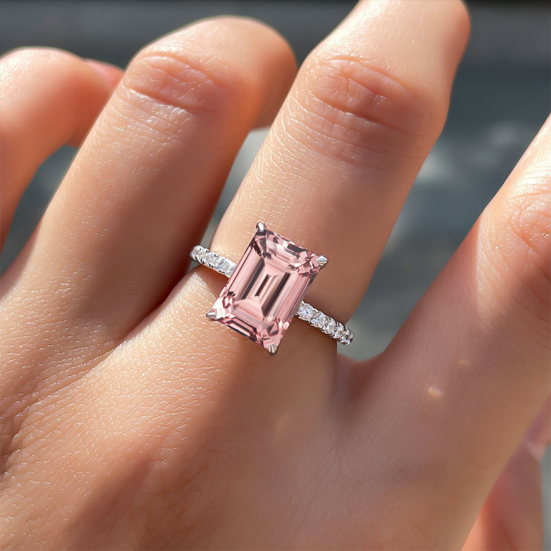 Hidden Halo Emerald Cut Morganite Pink Engagement Ring In Sterling Silver Shineofdiamond