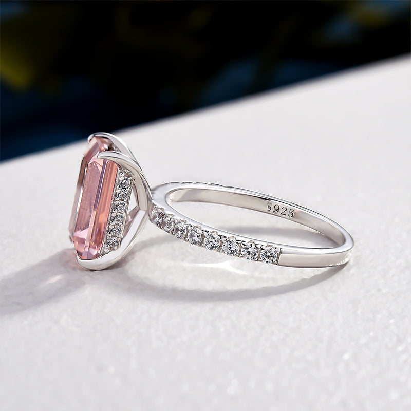 Hidden Halo Emerald Cut Morganite Pink Engagement Ring In Sterling Silver Shineofdiamond