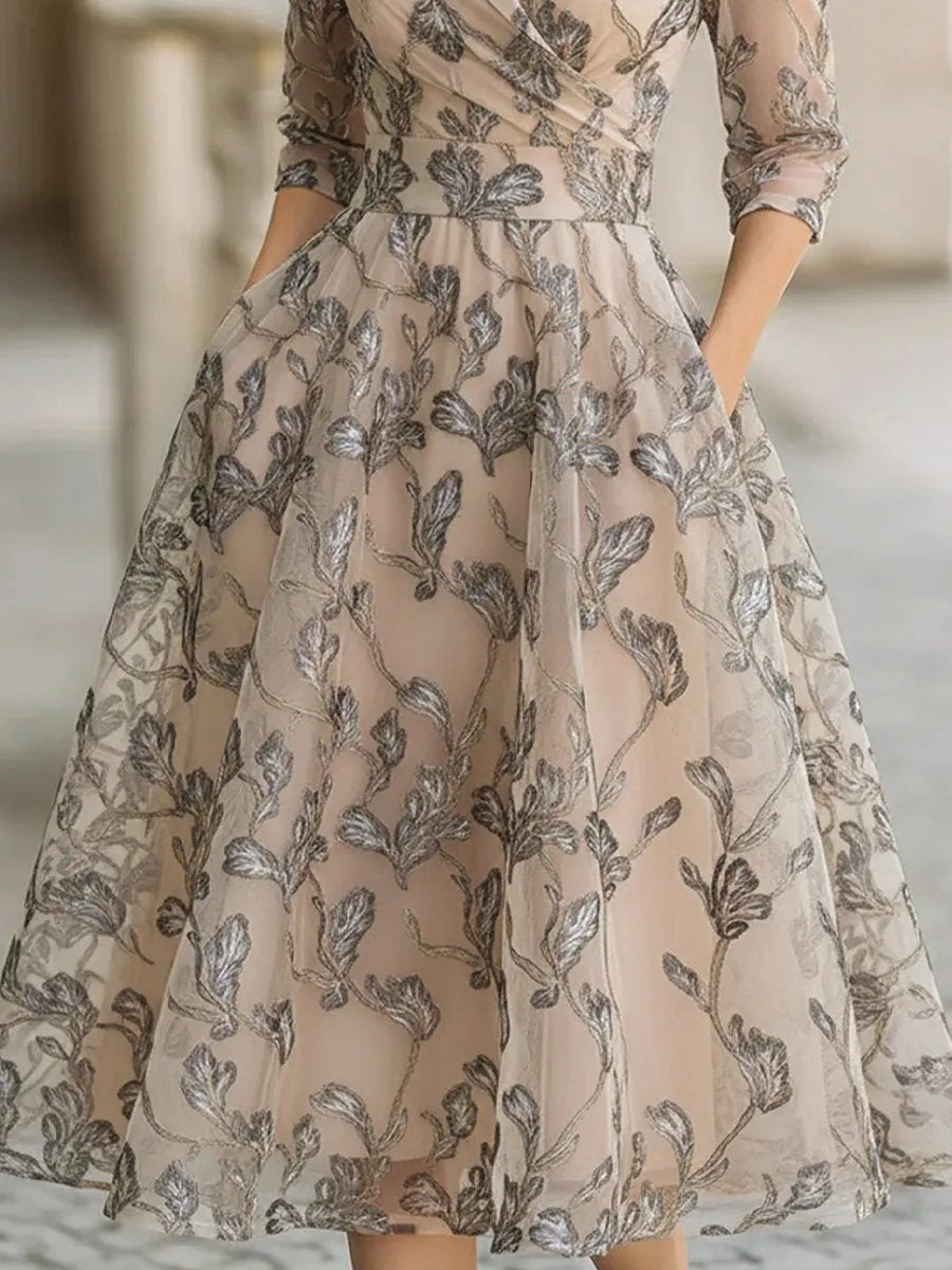 Embroidered Metallic Leaf Mesh Midi Dress - Midi Dress CAAYWORLD