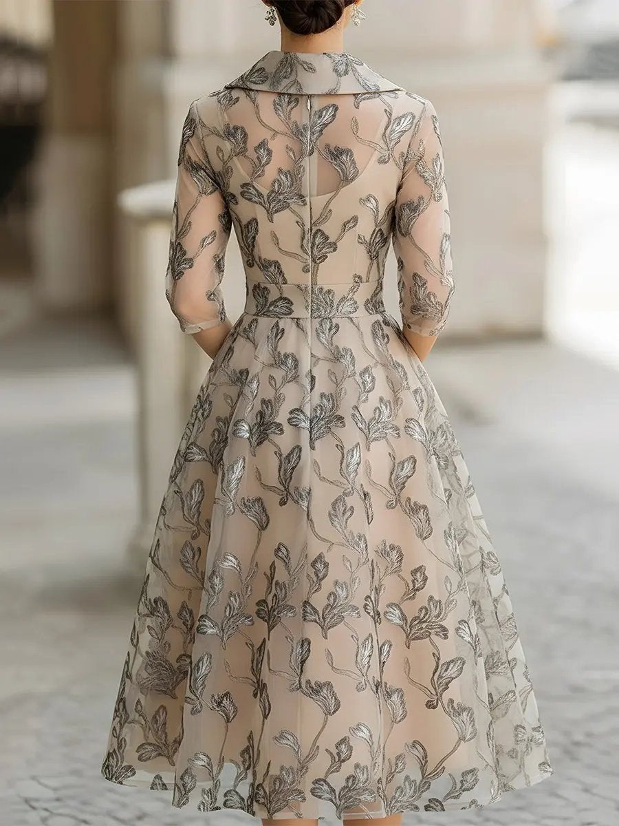 Embroidered Metallic Leaf Mesh Midi Dress - Midi Dress CAAYWORLD