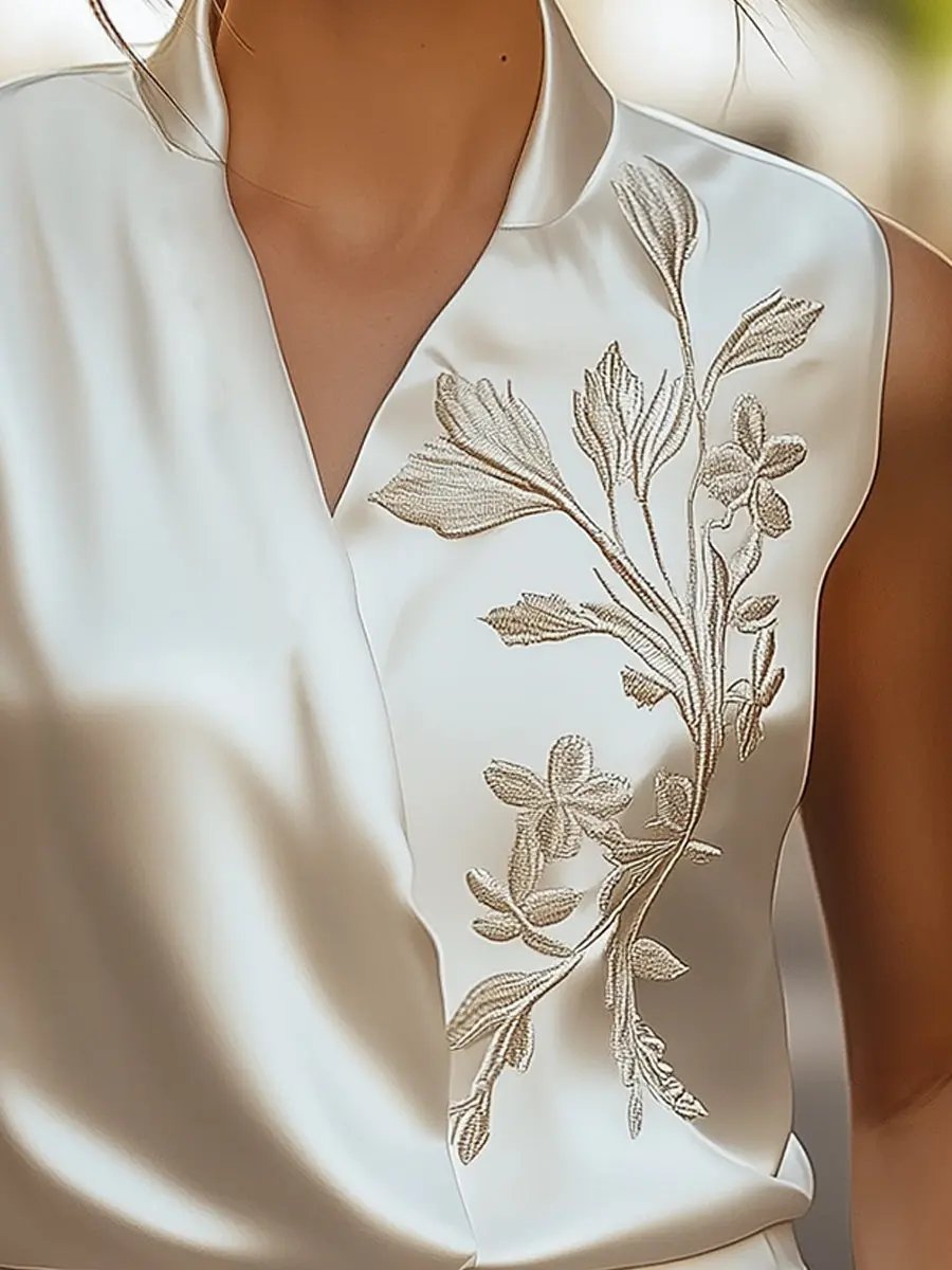 Embroidered V‑Neck Wrap Tie Waist - Blouse CAAYWORLD