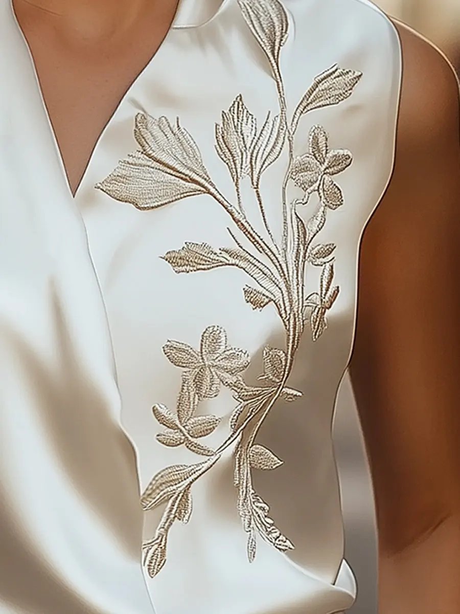 Embroidered V‑Neck Wrap Tie Waist - Blouse CAAYWORLD
