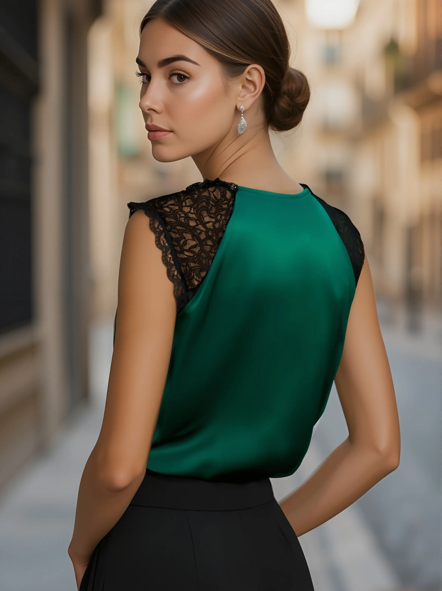 Emerald Satin Deep V-Neck with Lace Trim - Blouse CAAYWORLD