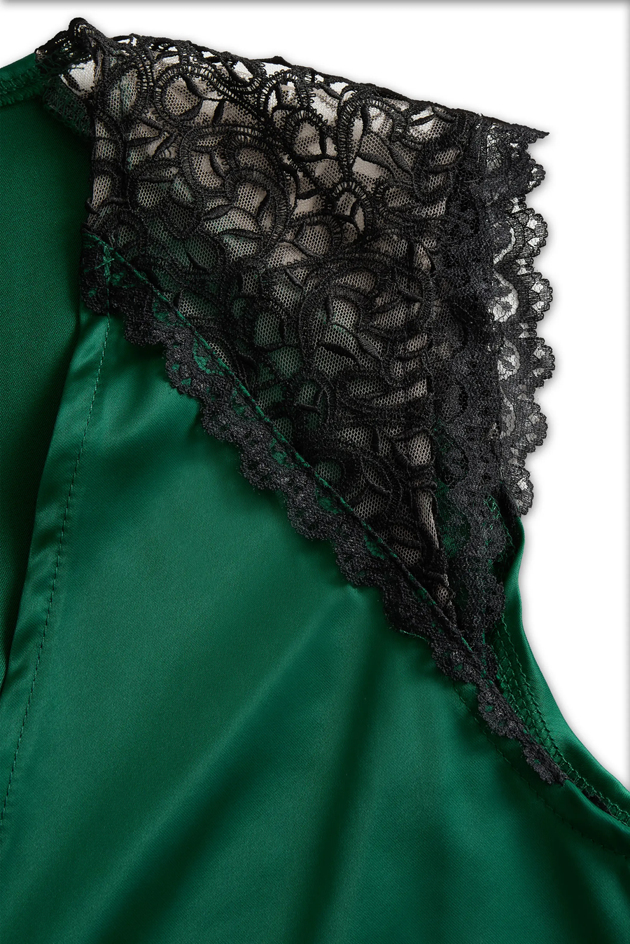 Emerald Satin Deep V-Neck with Lace Trim - Blouse CAAYWORLD