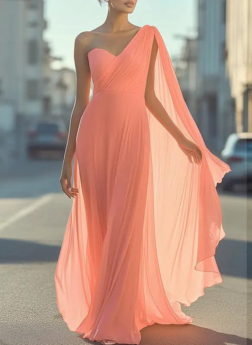 Ethereal One-Shoulder Chiffon Draped - Maxi Dress CAAYWORLD