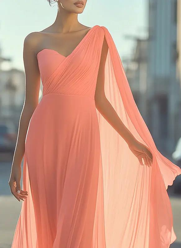 Ethereal One-Shoulder Chiffon Draped - Maxi Dress CAAYWORLD