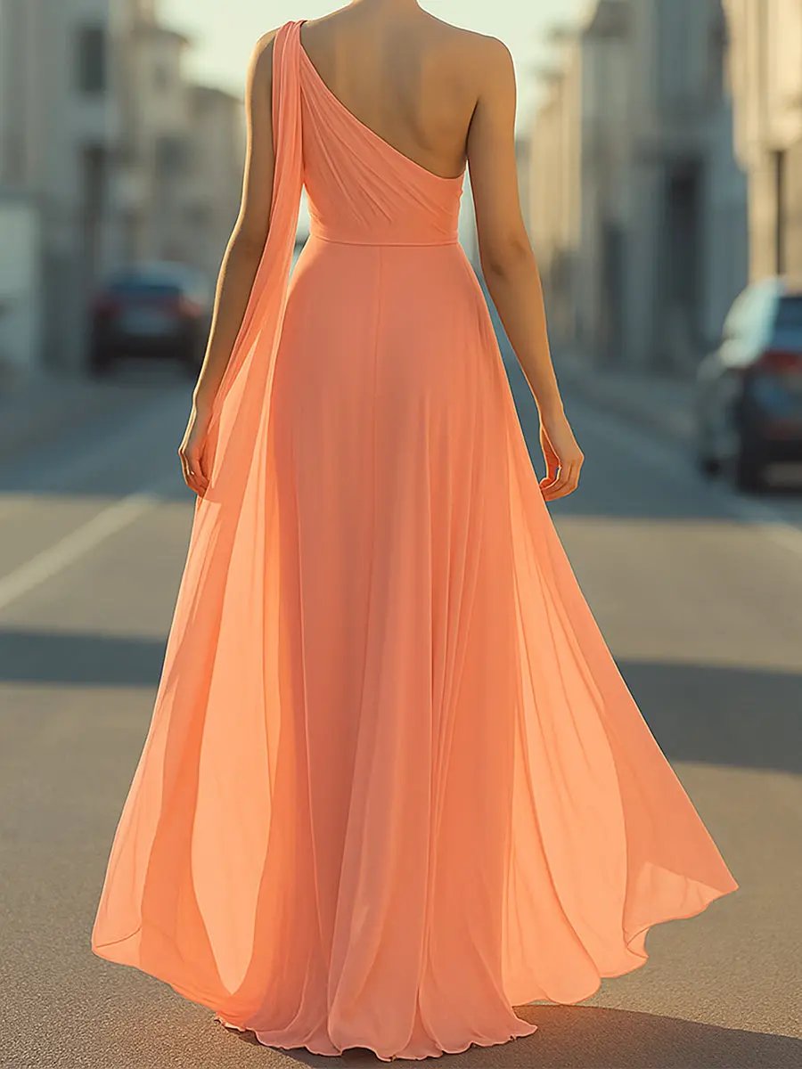 Ethereal One-Shoulder Chiffon Draped - Maxi Dress CAAYWORLD
