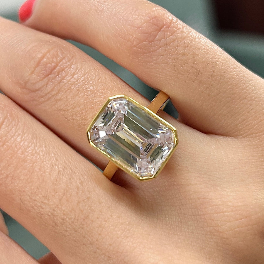 Size 10.5 | Elegant Emerald Cut Sterling Silver Bezel Engagement Ring In Golden Tone Shineofdiamond