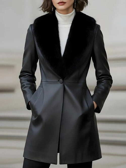 Faux Leather Shawl-Collar with Faux Fur Trim - Coat CAAYWORLD