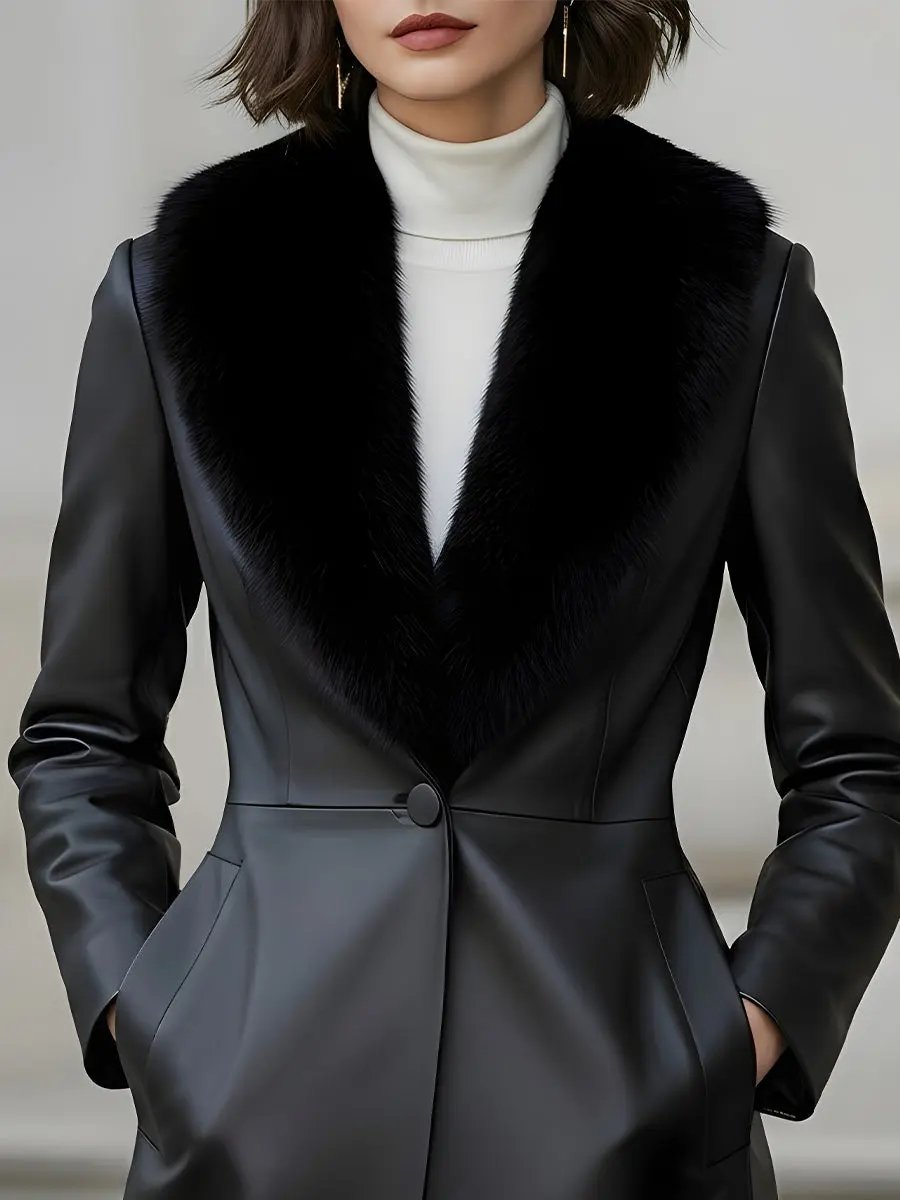 Faux Leather Shawl-Collar with Faux Fur Trim - Coat CAAYWORLD