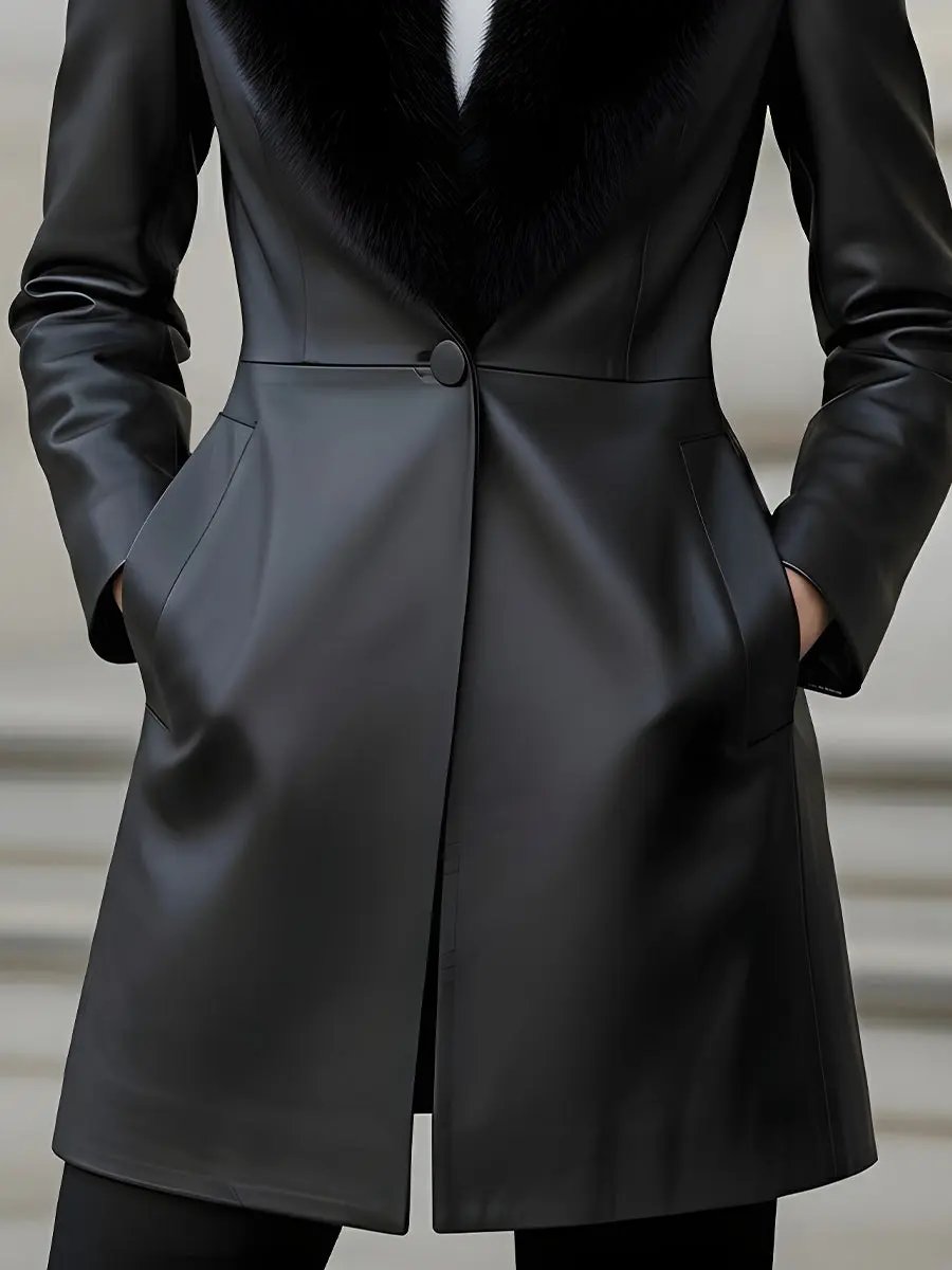 Faux Leather Shawl-Collar with Faux Fur Trim - Coat CAAYWORLD