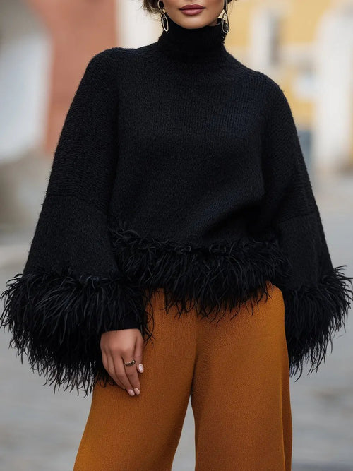 Feather-Trim Turtleneck Knit - Sweater CAAYWORLD
