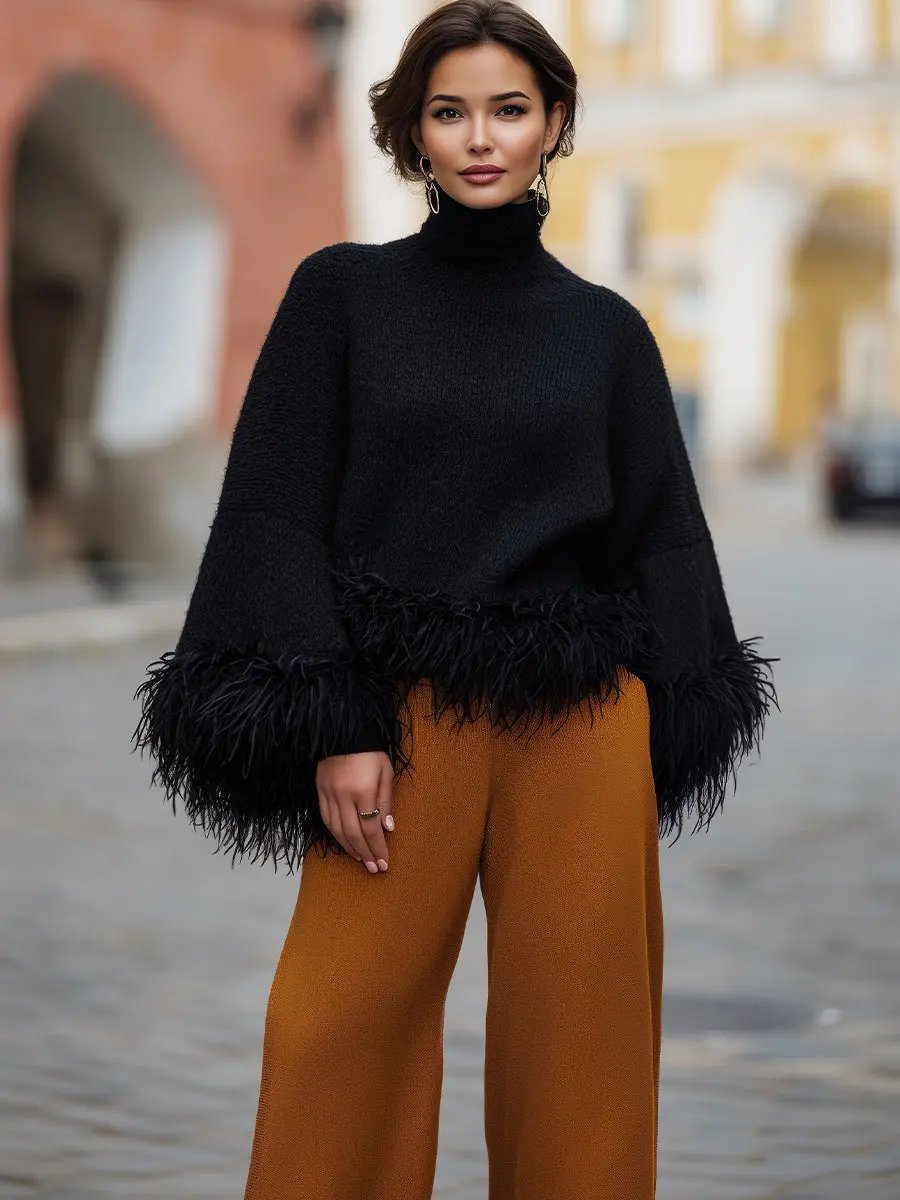 Feather-Trim Turtleneck Knit - Sweater CAAYWORLD